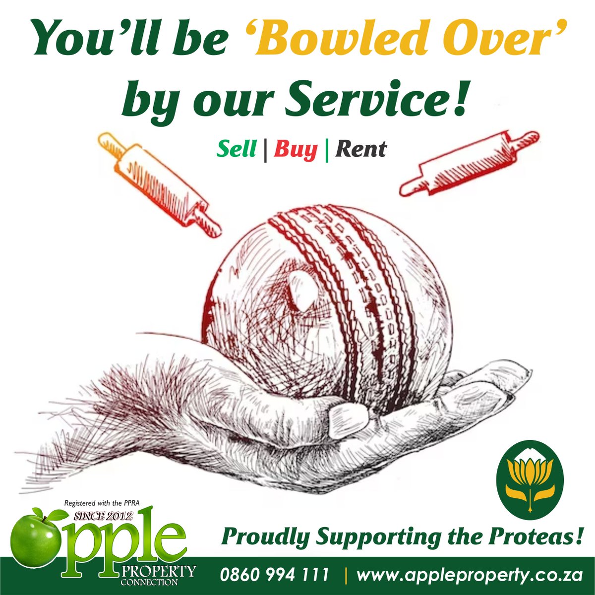 YOU'LL BE BOWLED OVER BY OUR SERVICE! 🏆🏏

#cricketworldcup23 #bowledover #proteas #nationwide #buy #sell #rent #property #propertyprofessionals #marketrelatedappraisal

0860 994 111 | appleproperty.co.za