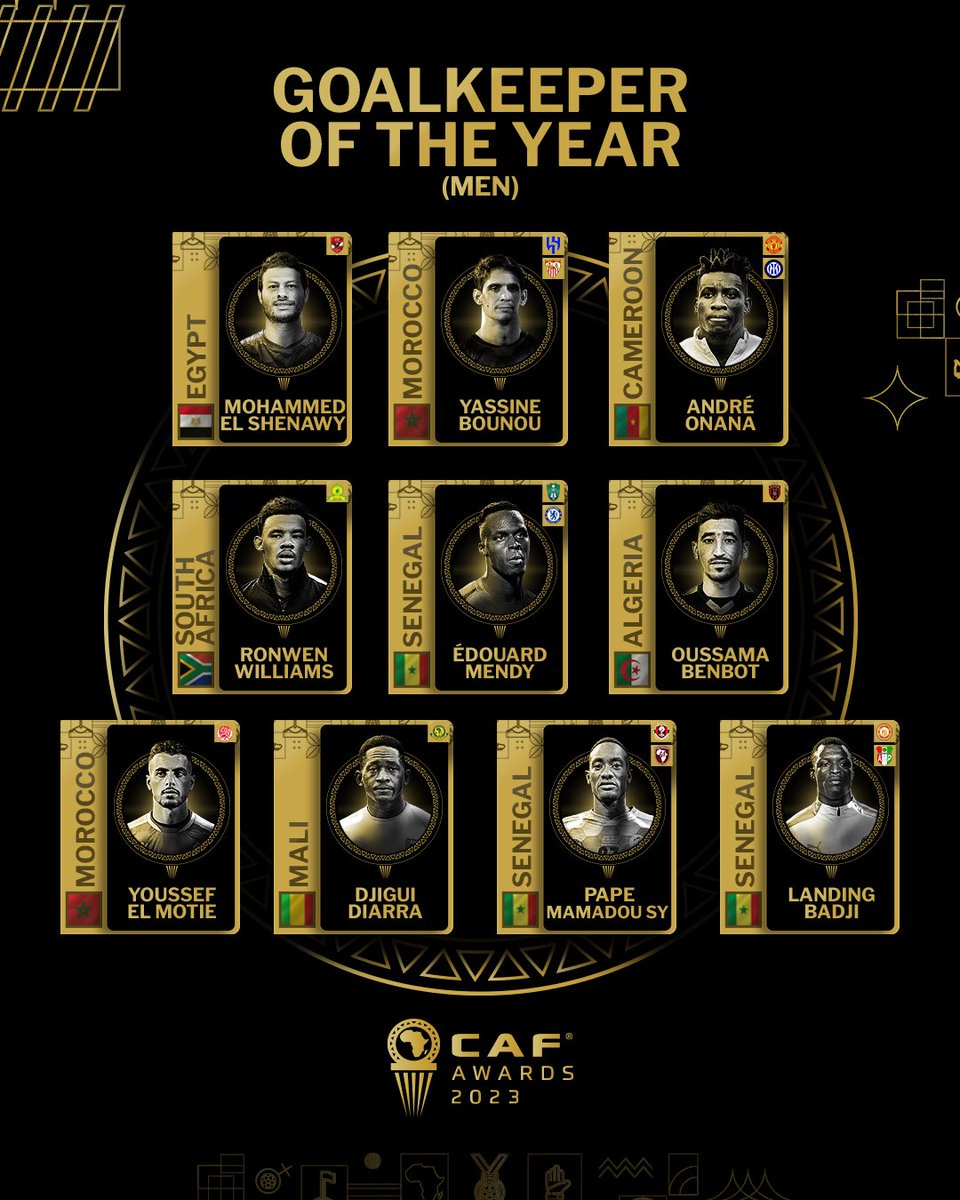 CAF_Online's tweet photo. Your nominees for Goalkeeper of the Year (MEN) award are in! 🧤

#CAFAwards2023 https://t.co/oduoCRJL2O