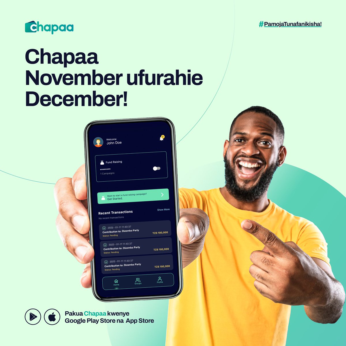 Dizemba Loading⏳

Usiache wewe na rafiki zako mpitwe na raha za December, anza kukusanya Mshiko November hii na Chapaa. Tengeneza Campaign yako na Chapaa kisha alika rafiki zako kuchangia ili Mfurahie pamoja December.

Download chapaa kupitia Appstore/ Playstore
#Chapaa