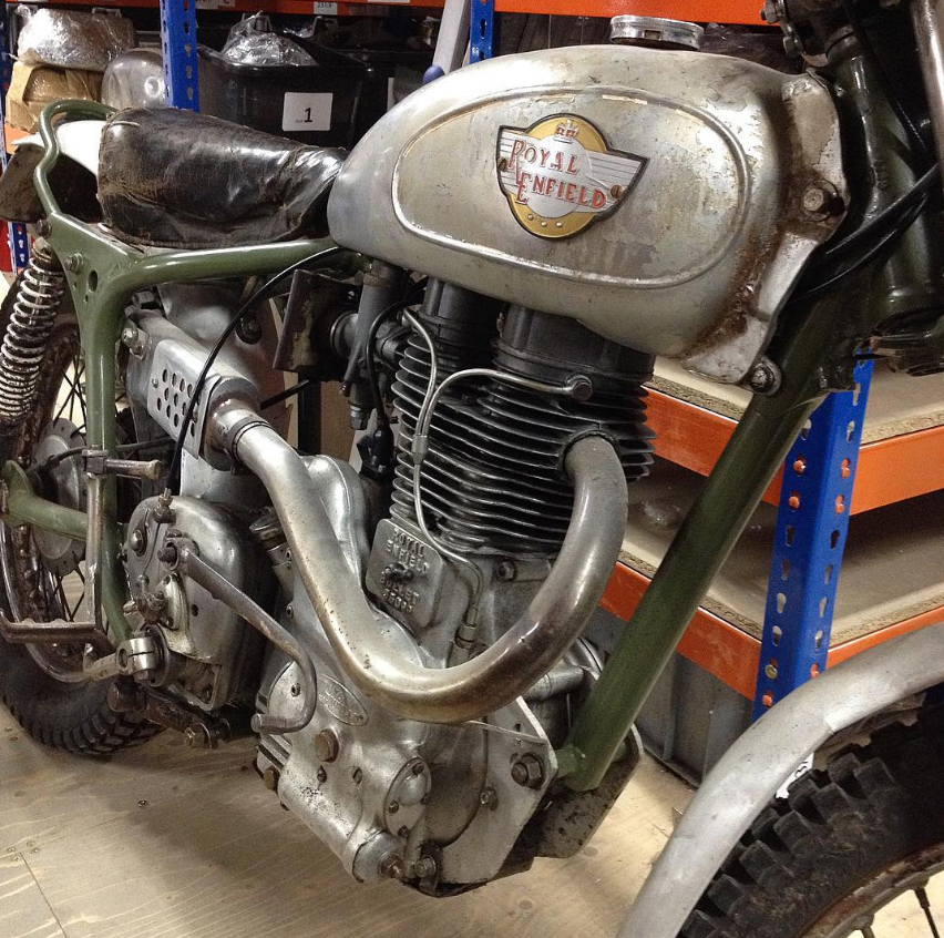 Close up of one of the original Redditch Royal Enfield Factory Bullet Trials specials with great patina. #royalenfield #classicbike #motorcycle #trials #classicmotorcycle #motorbike #bullet #royalenfiedbullet #pre65 #trialsbike #enfield #1960s #offroad #greenlane #classictrials