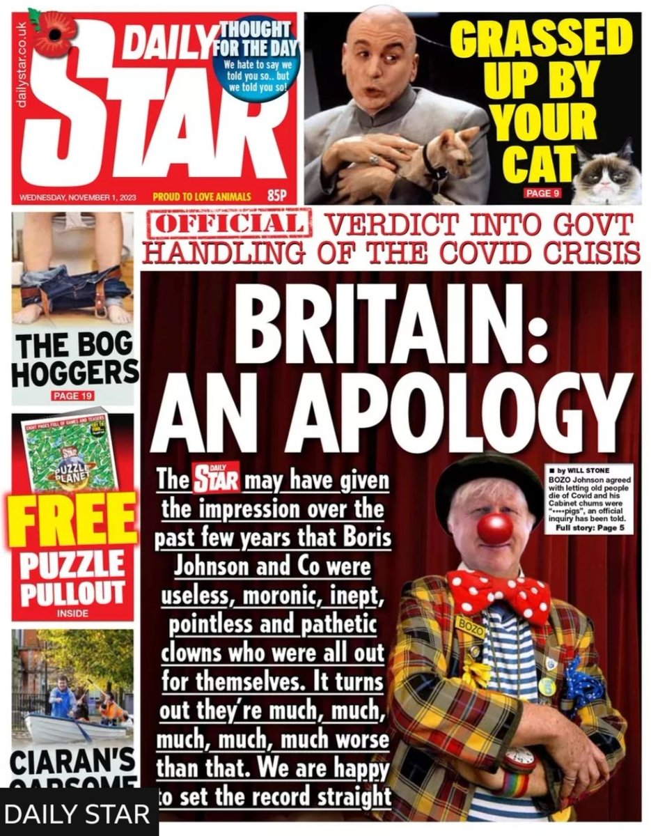 Crusty the Clown makes a reprise on the front page of today's #DailyStar

#CovidInquiryUK #CovidInquiry #BojotheClown #ToriesPartiedWhilePeopleDied #Partygate