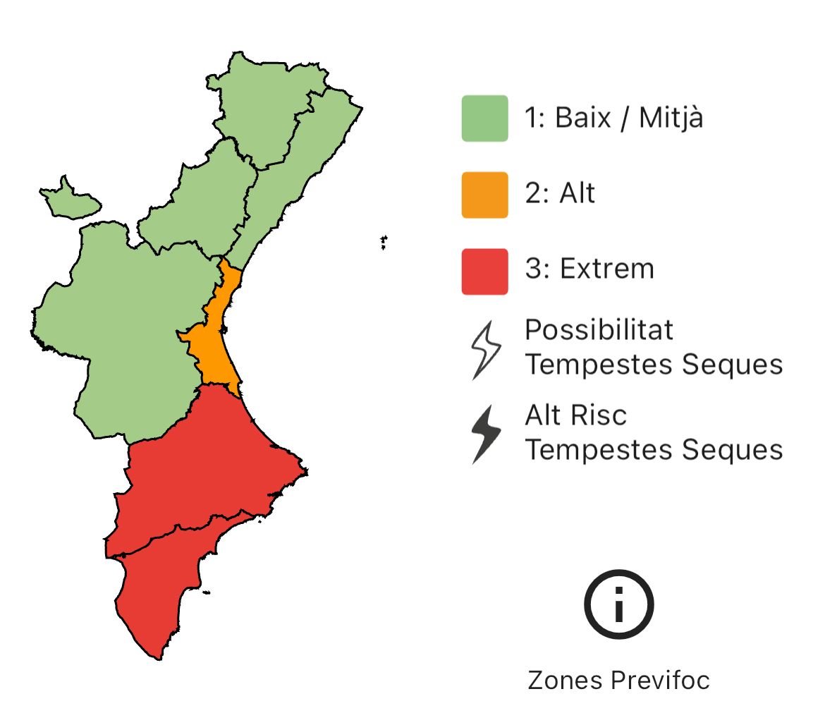 🔥 El nivell de preemergència per risc d'incendis forestals per a hui 01/11 és:

🔴 Extrem a tota la província d'Alacant
🟠 Alt al litoral de la província de València
🟢 Baix/mitjà a la resta de la Comunitat Valenciana

🚫🔥 Recorda que amb risc extrem està prohibit fer qualsevol