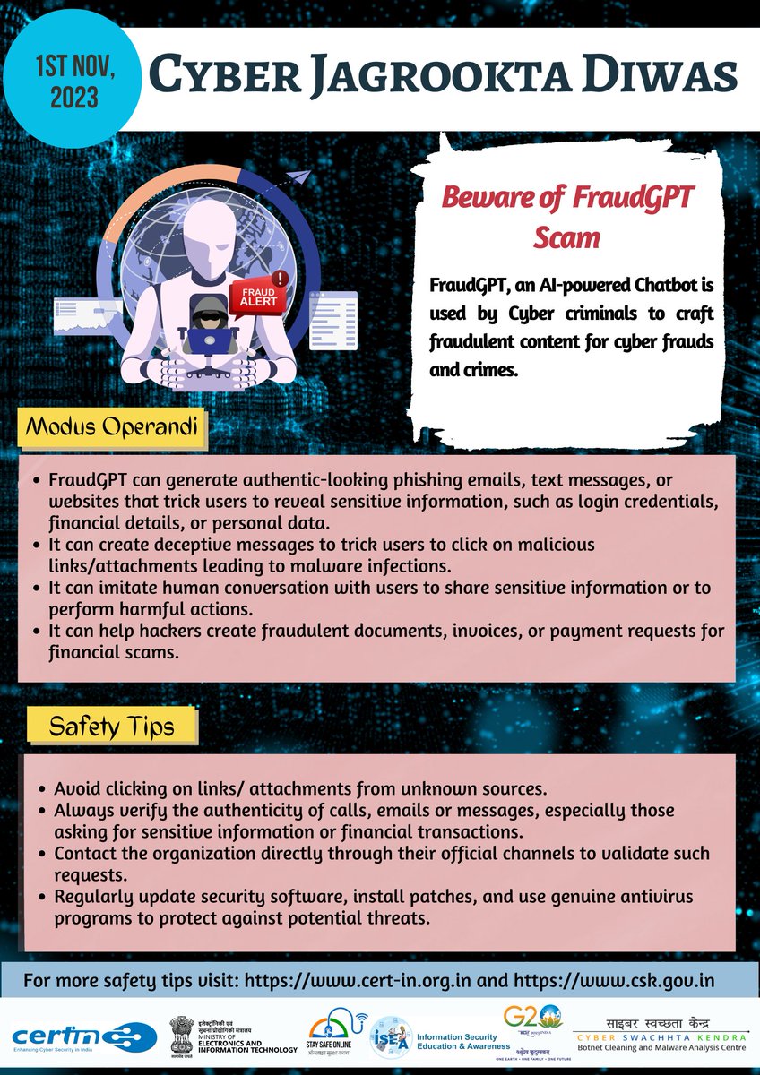 IndianCERT's tweet photo. CERT-In is observing 'Cyber Jaagrookta Diwas' on 1st Nov 2023 to create awareness and sensitize Internet users on safeguarding against cyber frauds and cyber crimes. #CyberJagrooktaDiwas #CJD #IndianCERT #CyberSwachhtaKendra #CSK
@GoI_MeitY @_DigitalIndia @Cyberdost #cyberdost https://t.co/A8lbnu6GUa
