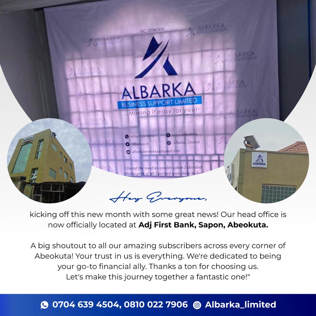 AlbarkaLtd's tweet photo. Hey everyone, kicking off this new month with some great news! Our head office is now officially located at Adj First Bank, Sapon, Abeokuta.

A big shoutout to all our amazing subscribers across every corner of Abeokuta! 1/2 https://t.co/ZgVmMqxkgi