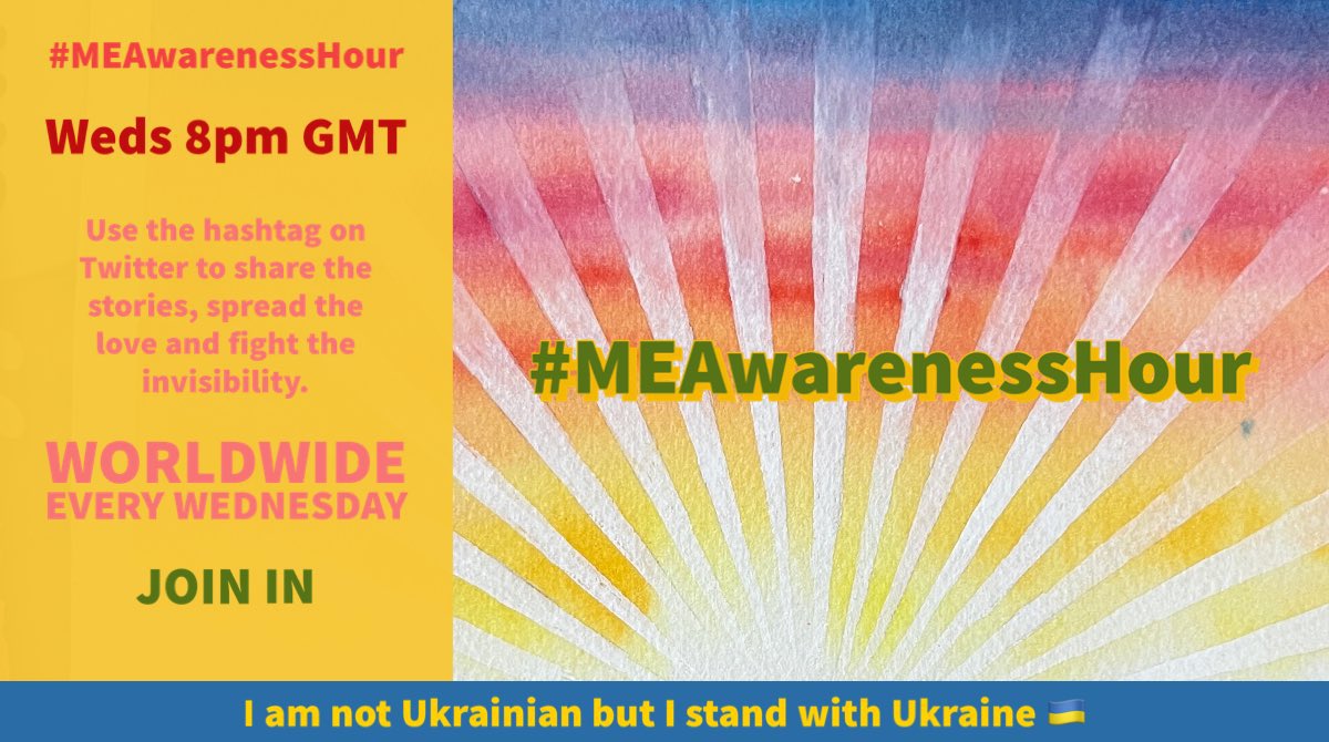HappyHoundHouse's tweet photo. 🌻🌻  Share Like RT posts during #MEAwarenessHour in 12 hours time🌻🌻

20:00 GMT         21:00 Europe

Talking all things #MyalgicEncephalomyelitis

Poster credit: @AertbyLisa 🙏 https://t.co/DHda2JWjCO