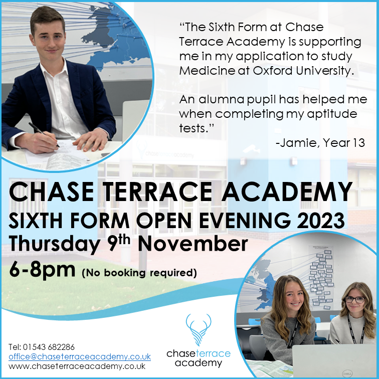 Don’t forget our Sixth Form Open Evening!

Join us at the Chase Terrace Academy Sixth Form Open Evening on Thursday, 9th November, from 6:00pm to 8:00 pm! 

More information can be found here: shorturl.at/erKUW