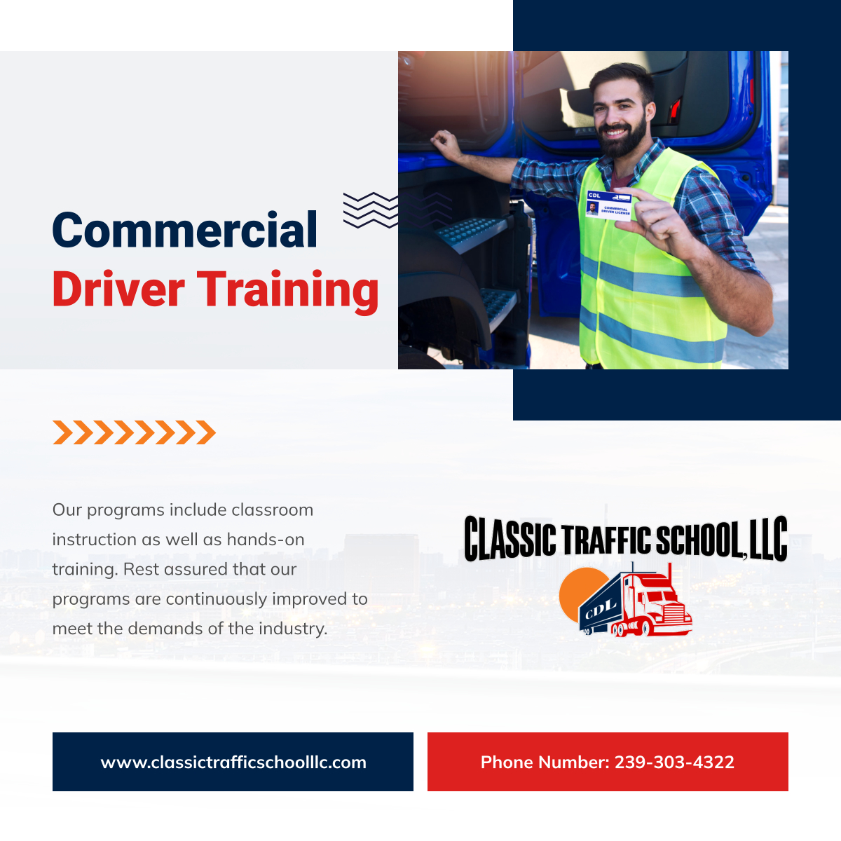 classctfcschllc's tweet photo. We are offering commercial driver training programs to help more people stay updated with the latest trucking regulations. You may give us a call today and enroll in one of our courses!

#CommercialDriverTraining #TrainingPrograms #FortMyersFL https://t.co/f0NR3jkIxa