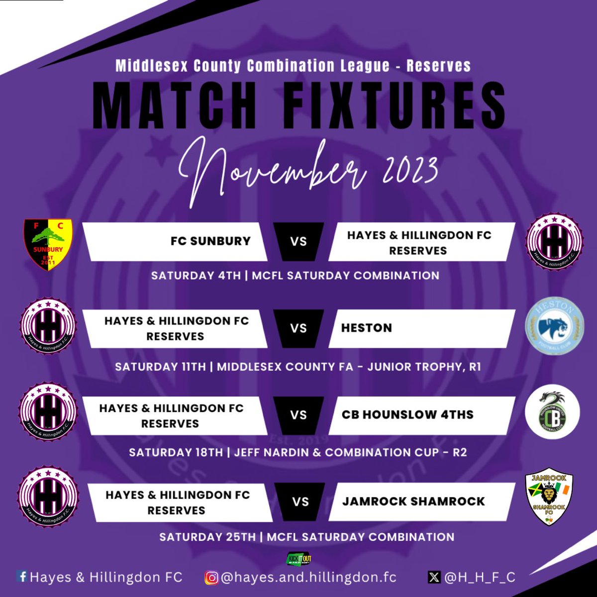 H_H_F_C's tweet photo. This is what November looks like for our firsts and reserves.. 🗓️
@Southbournees @RichingsSports
#HHFC #morethanafootballclub #hayesandhillingdonfc #hhfc #fixturelist #nextup #november #footballgames #footballseason #leaguegames #cupties #cupgames #prem #combination
💜🖤 https://t.co/3CQvPtGlFw