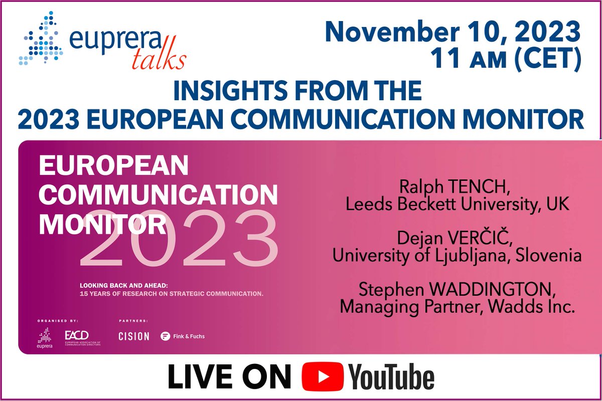 #EUPRERAtalks 
🗓 on November 10 at 11 am CET, get all the key insights from the #EuropeanCommunicationMonitor and discuss its implications for education, research, and industry practice with the researchers

Info and registration ➡ euprera.org/2023/10/30/eup…

#ECM23