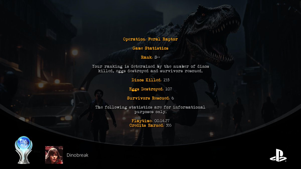 Survivor9th's tweet photo. Dinobreak
Dinobreak (PLATINUM)
#PlayStationTrophy #PS5Share, #Dinobreak https://t.co/C7TLFKDdFM