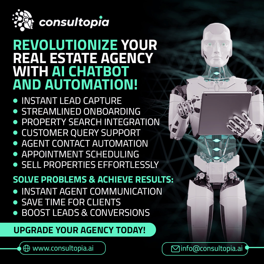 consultopia_ai's tweet photo. Transform your real estate agency into a powerhouse of efficiency and customer satisfaction with AI ChatBots and automation. 🏡🤖

#RealEstateRevolution #AIChatBot #AutomationAdvantage #PropertyManagement #FutureOfRealEstate #Ai #AiAutomation #AiAutomationAgency #AAA #AiChatBot https://t.co/rwuBJHhhjZ