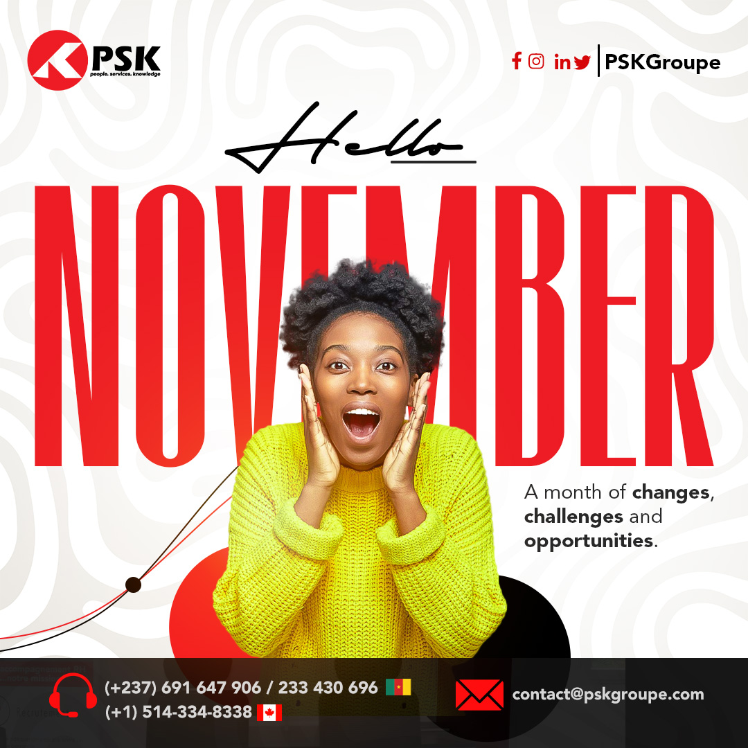 PskGroupe's tweet photo. Bonjour novembre ! ☺️

Bienvenue dans ce nouveau mois de changements, de défis et d'opportunités ! 💪
_______
Hello November!  ☺️

Welcome to another month of changes, challenges and opportunities! 💪
.
.
#pskgroupe #november #happynewmonth #november2023 #pskcanada #pskcameroun https://t.co/liG1qlwLFG