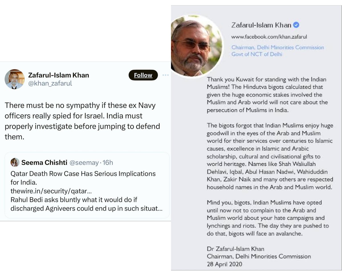 Zafarul-Islam Khan, Ex Chairman of Delhi Minority Commission, is asking for no sympathy &amp; not to jump to defence of 8 ex Navy officers in Qatar.

In 2022, Pakistani journalist Nusrat Mirza claimed that he spied on India during visits (2005 to 2011). He also met Zafarul-Islam