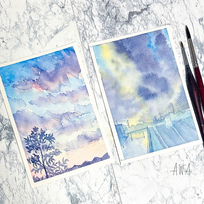 お久しぶりの透明水彩で空! ちゃんと空に見えるかドキドキしながら途中まで描いてましたがちゃんと空になってよかったーー!! 紙はランプライトちゃん! とてもリフトが効いていい滲みする紙です