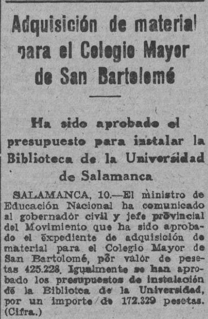 farandula_usal's tweet photo. En 1945 el presupuesto de nuestro Colegio Mayor @CMSanBartolome aparecía publicado en los periódicos de tirada nacional y era de 425.228 pesetas (unos 360.000 € de hoy).

Y también el de @bibliotecasusal, 172.329 pesetas.

(Diario Pueblo, Biblioteca Virtual de Prensa Histórica) https://t.co/21G8C5GRBQ