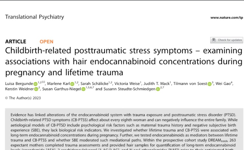 BergundeLuisa's tweet photo. My first 1st author paper has been published! 🥳 Within the #DREAMstudy we looked at associations between  #childbirth-related #PTSD symptoms, lifetime #Trauma, hair #endocannabinoid levels,  and #SubjectiveBirthExperience: https://t.co/ax3cWQCiIX @GN_ResearchLab @Transl_Psych https://t.co/2o8SJhetei