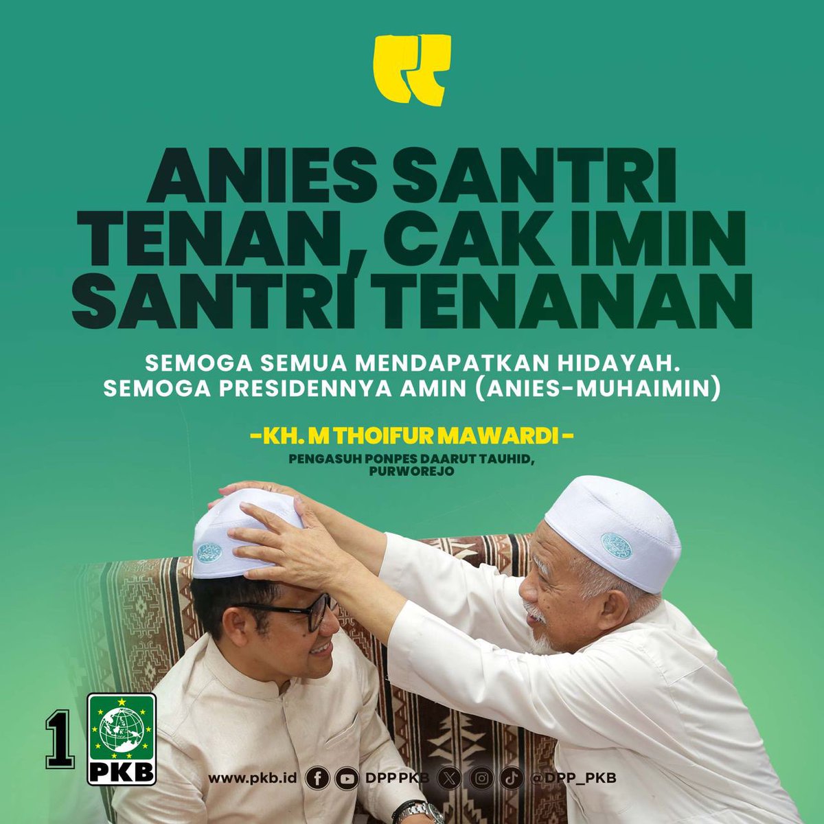 AMIN itu pasangan nyantri, Mas Anies santri, Gus Imin juga santri. 

Kiai Thoifur yakin dua - duanya akan jadi pemimpin hebat untuk negeri ini.

#AMINSuaraPesantren 
#AniesMuhaimin2024