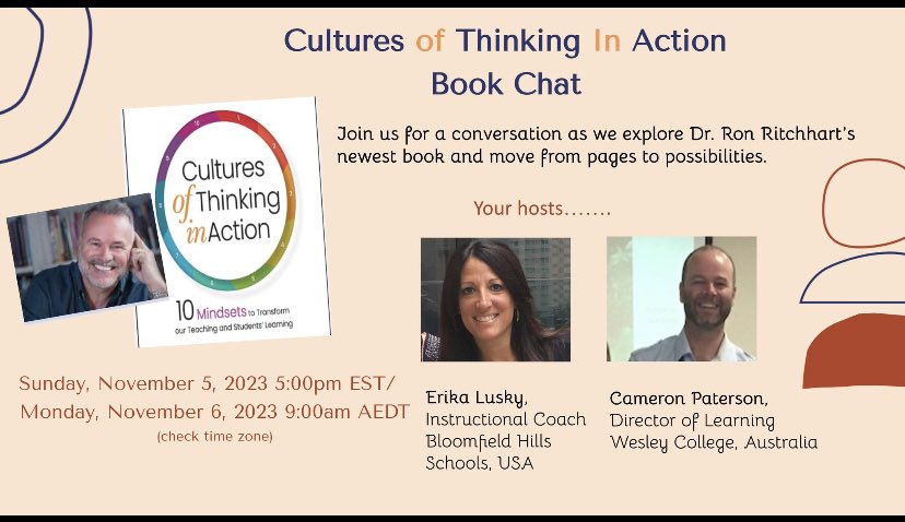 I'm looking forward to talking about Cultures of Thinking in Action with <a href="/erika_lusky/">Erika</a> on Monday morning AEST😊Please join the discussion.👋Event Link: wesleycollege.zoom.us/j/86388560040