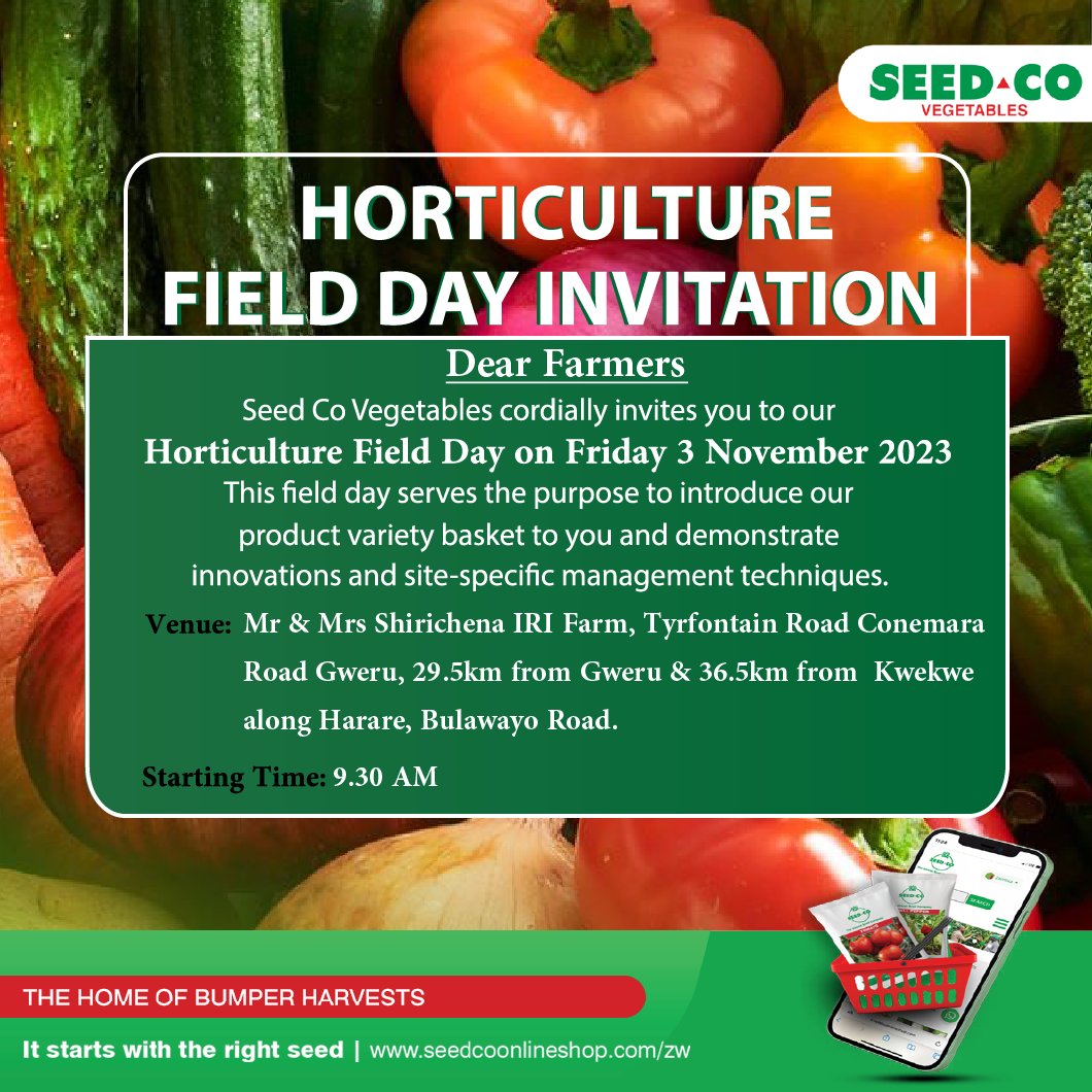 We are excited to invite you to our Horticulture Field Day. This event is a great opportunity for you to learn about the latest trends and techniques in horticulture, as well as to network with other farmers in the industry. 
Bright 0777 306 020
Mr. Shirichena 0776 734 168