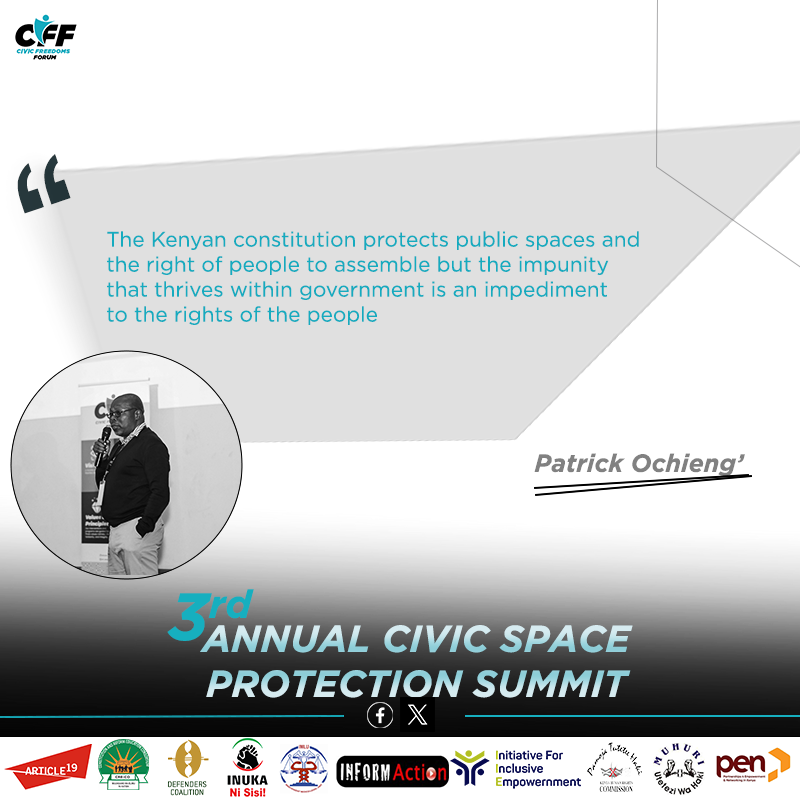 CRECOKenya's tweet image. The Kenyan constitution protects public spaces and
the right of people to assemble but the impunity 
that thrives within government is an impediment 
to the rights of the people.
At the #CSPS3