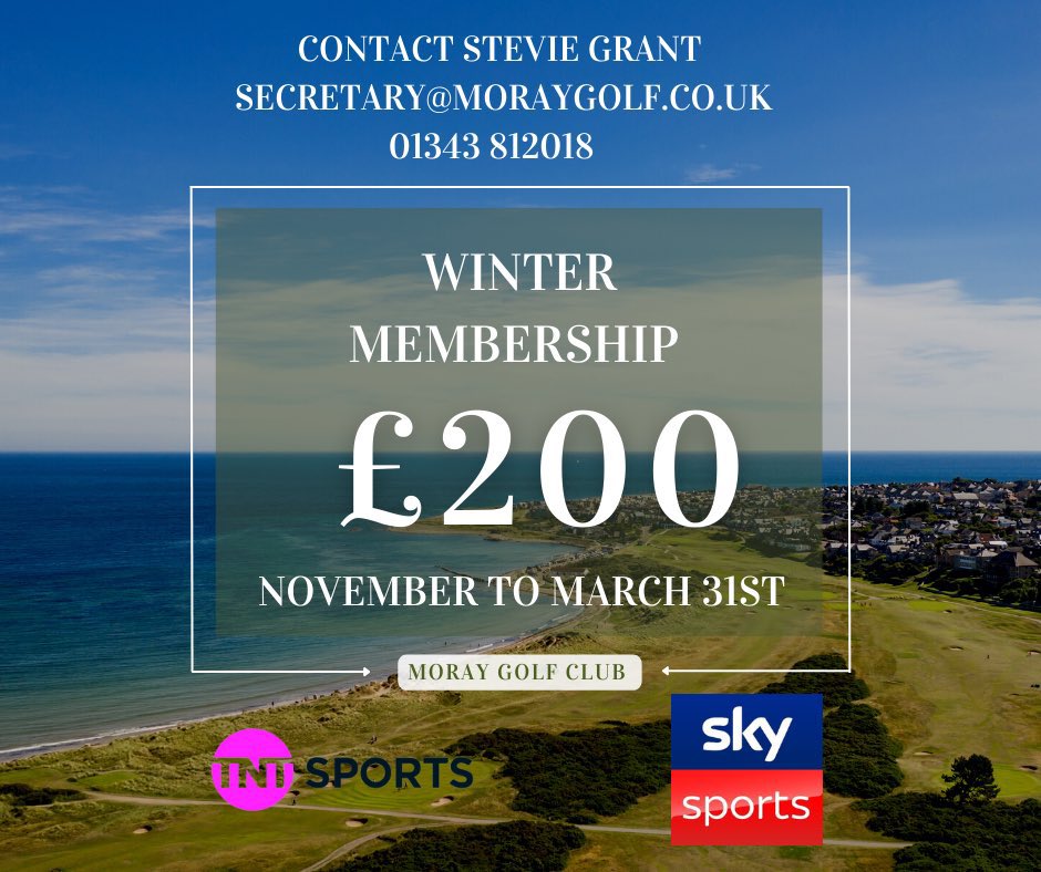❄️Winter Membership at Moray GC 
‼️Less than 10 left 
💷£200 Nov to March 31st-comes off membership 24
⛳️ Unlimited 36 Holes Golf
❄️ Winter League
🍻 15% Members Bar Discount 
🍔 10% Food Discount The Bearded Chef
📺 Sky Sports &amp; TNT Sport 

Contact Stevie Grant - 01343 812018