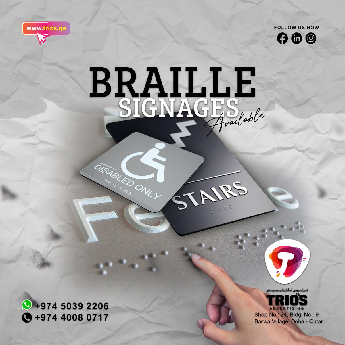 Trios Advertising in Qatar specializes in crafting visually appealing signage and Braille solutions.
#signage #signs #design #advertising #branding #graphicdesign #signagedesign #printing #neonbox  #neon #signmaker #typography #led #logo #vinyl #acrylic #art #digitalprinting