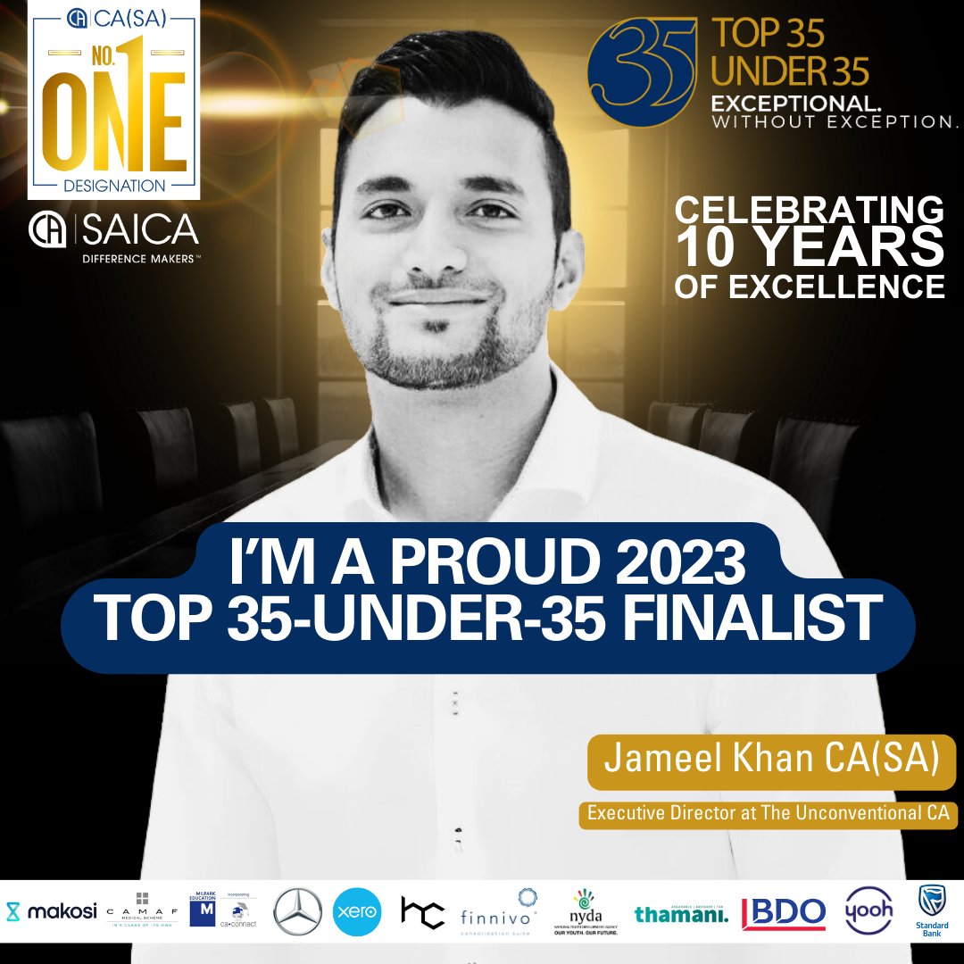 saica_za's tweet photo. Jameel Khan CA(SA), is not just an Executive Director, but also a driven entrepreneur and investor. Through his work at The Unconventional CA, he creates opportunities for growth and provides valuable support to entrepreneurs on their journey to success. #top35u35 #number1 #proudCASA #differencemakers #SBLove💙 #Makosi #Xero @JamzoMacarena
Read Jameel’s profile here: https://t.co/QUtaZBZb6V
Sponsors:
@makosiaudit
@StandardBankZA
@Xero
@CamafSA
@MilparkEd
@heavychef
#Finnivo
@NYDARSA
@ThamaniConsult
@BDO_SA
@yooh_media