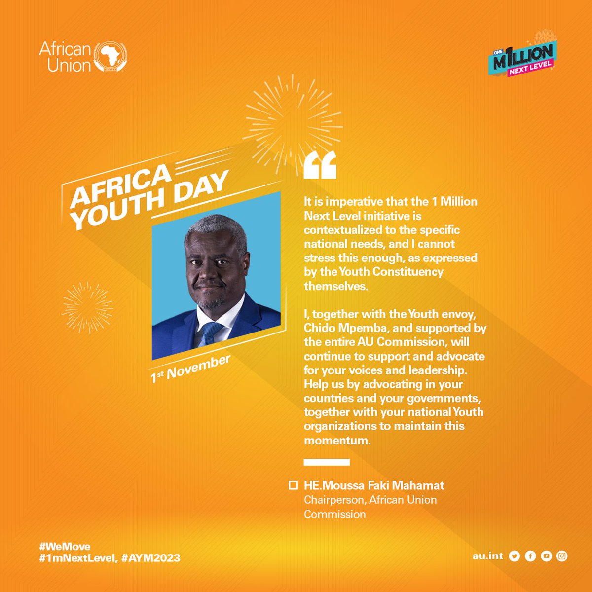 As we celebrate #AfricaYouthDay, we recognize young people as the key agents of change for our 
Continent. I urge Africa's Youth to continue pushing the boundaries that impede progress and to act for change for the Africa We Want!