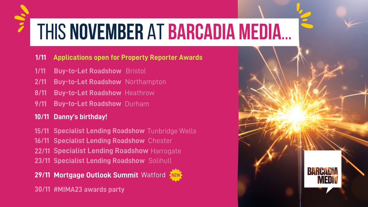 November is a busy month at Barcadia Media - here's where we'll be and what we're up to 🎇 

(Check out <a href="/EventsFinancial/">Financial Reporter Events</a> for links to our roadshows and <a href="/propertyr/">Property Reporter</a> for more info on #PRA24!)