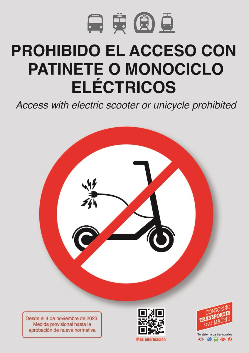 ‼️ AVISO: a partir de este próximo sábado 4 de noviembre se prohíbe el acceso con patinetes y monociclos eléctricos a la red de Metro de Madrid.