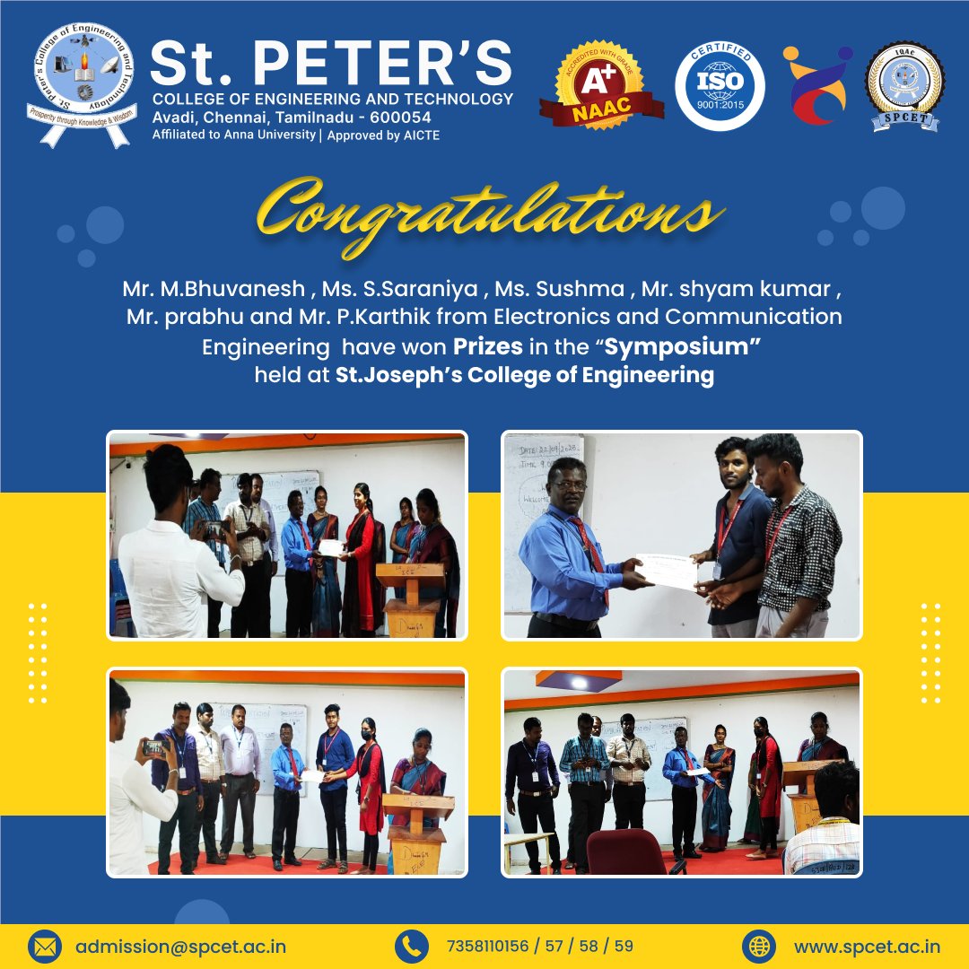 spcetchennai's tweet photo. #Congrats #Congratulations #allthebest #gomore #future #acheive #spcet #stpeters #ourstudents #proud #bestcollege #bestengineringcollege #chennai #Tech4Lyf https://t.co/i0qUKWNyhZ