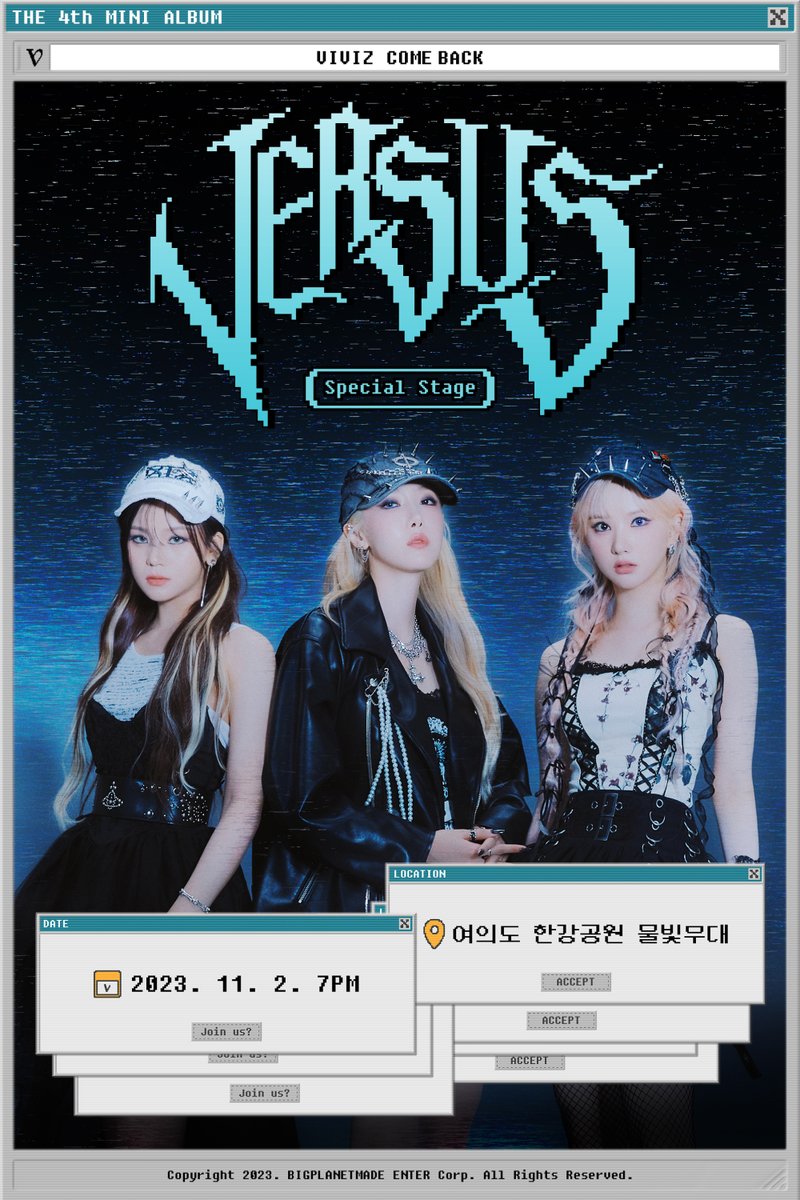 VIVIZ_official's tweet photo. [#VIVIZ] 📢

VIVIZ The 4th Mini Album 'VERSUS' 발매 기념 게릴라 공연 안내

📍 공연 시간
2023. 11. 2. 7PM (KST)
📍 공연 장소
여의도 한강공원 물빛무대

#비비지 #EUNHA #은하 #SINB #신비 #UMJI #엄지 #VERSUS https://t.co/vt5vtCSamg