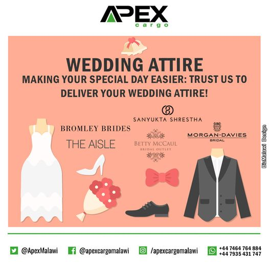 ApexMalawi's tweet photo. Sealed with love, shipped with care. Trust Apex  Cargo wedding attire delivery.
Contact Us For More Info:
📷 0999 844 515 (MW)
📷 00447935431747 (UK)
#ApexCargo #ukcourier  #Malawicourier #wedding https://t.co/SxyC8g45Hm