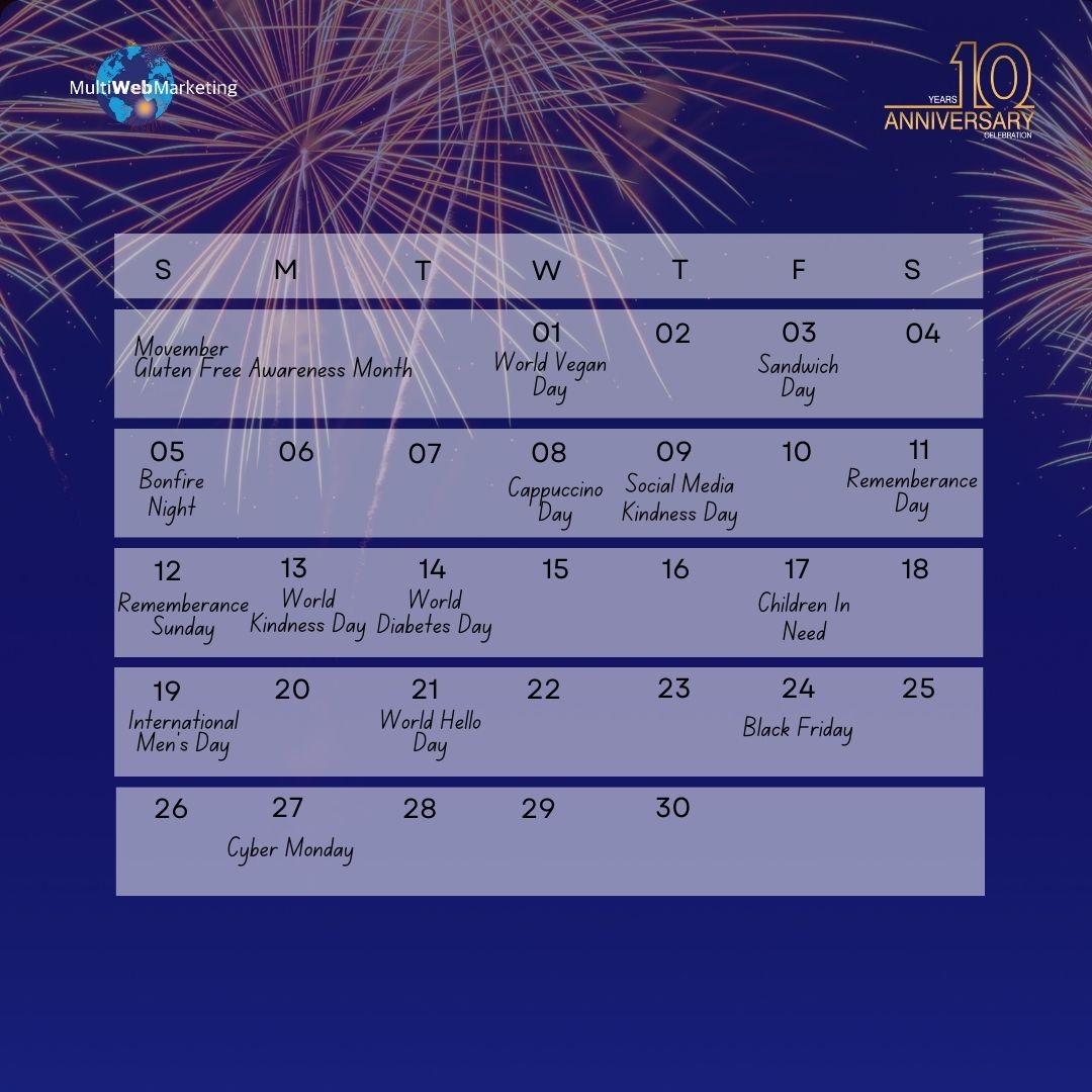 MultiWMarketing's tweet image. It's the season of dark nights, Fireworks and everyone is starting to get into the festive spirit.
When it comes to social content for your business, there's plenty going on in the month of November for you and your team to jump on board and celebrate!  bit.ly/3BIwVz2