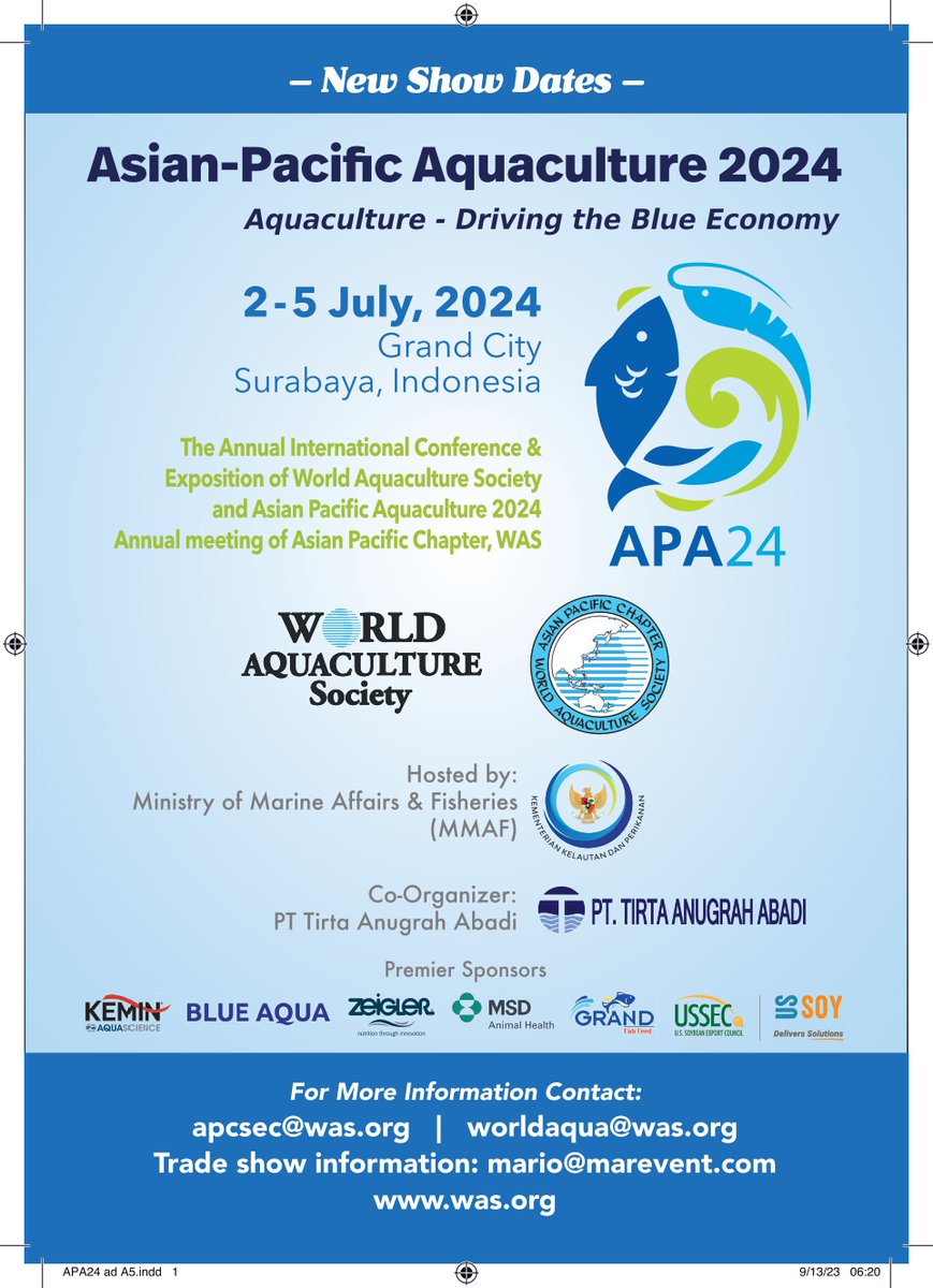 WASAPC's tweet image. Asian-Pacific Aquaculture 2024 at Grand City Convention and Exhibition Surabaya, Indonesia
JULY 2-5,2024
The abstract deadline submission has been rescheduled to January31, 2024.  Please register early to benefit on early bird rates. Register at was.org/meeting/code/A…