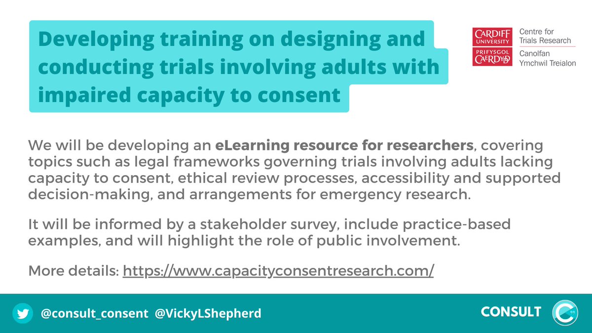 Delighted we have been awarded UKRI Impact Accelerator Award funding to develop a training course for researchers on designing & conducting trials involving adults with impaired capacity to consent @CTRCardiffUni & support use of INCLUDE Impaired Capacity to Consent Framework 1/2