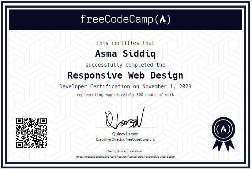 asma_siddiq9's tweet image. ๐ Just unlocked my first Responsive Web Design certificate from @freeCodeCamp! ๐๐ป
It's a small step, but it's the start of an exciting coding journey. Thanks to the amazing FreeCodeCamp community! #WebDesign #CodingAchievement #100dayofcoding #freecodecamp