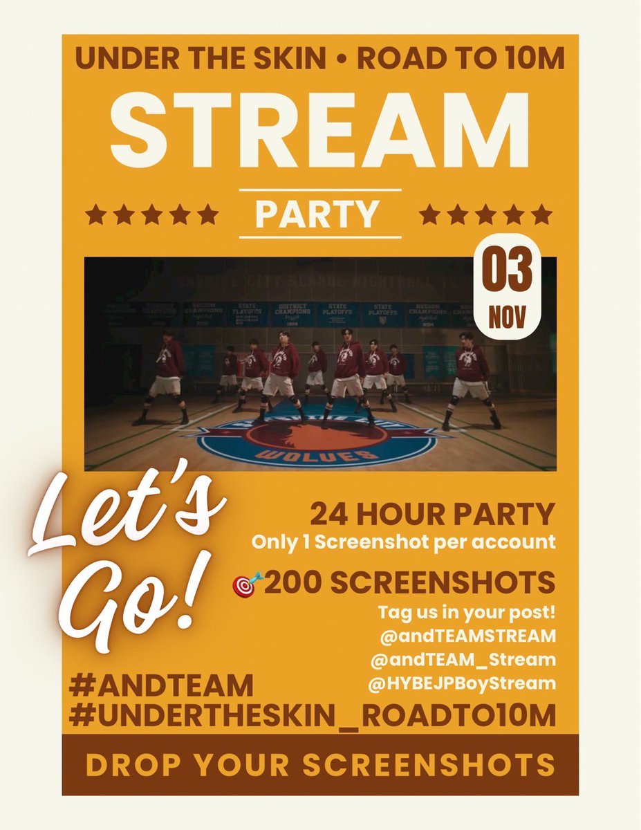 STREAMING PARTY開催!!

@andTEAMSTREAM 
@HYBEJPBoyStream 
Collab project

Let's stream UTS together aiming for 10M!!
and prepare for cb💪

Goal:200ss
One ss by one

Please post the screenshot to the reply.

 #andTEAM  #앤팀
 #Under_the_skin 
 #FirstHowling_ME
 #andTEAM_Roadto10M