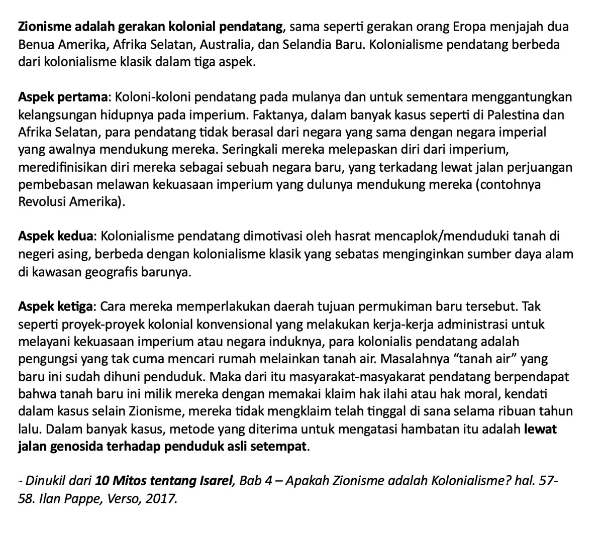 Aku sedang baca buku-buku #Palestine yang dibagikan gratis sama Verso, salah satunya '10 Myths about Israel'. Ilan Pappe menulis Zionisme Israel adalah gerakan kolonial pendatang (settler). Apa bedanya dr kolonial klasik? Baca lengkapnya di bukunya ya: versobooks.com/en-gb/blogs/ne…