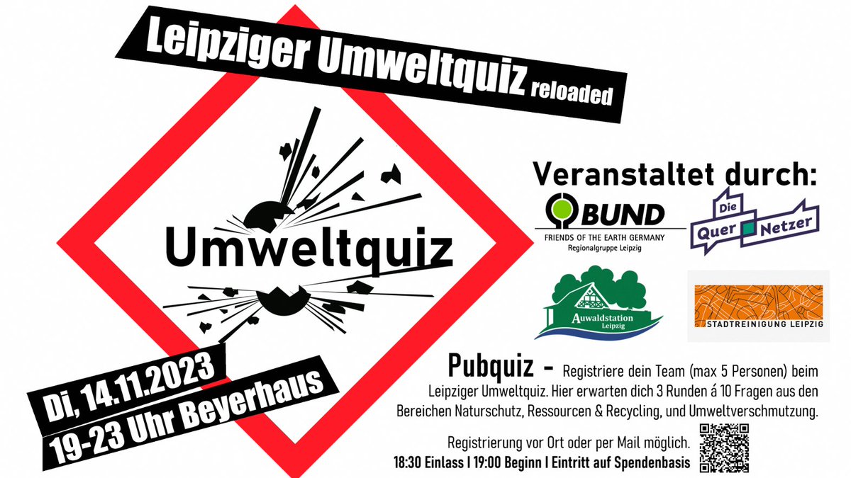 Am 14.11. (Dienstag) findet das Leipziger #Umweltquiz im Beyerhaus statt. Mit dabei <a href="/StadtreinigungL/">Stadtreinigung Leipzig</a>, <a href="/BUND_Leipzig/">BUND Leipzig</a>, <a href="/BundSachsen/">BUND Sachsen</a>, wir &amp; die Auwaldstation.  Schnappt euch eure Freunde, meldet euch an, quizzt mit und gewinnt tolle Preise. Mehr Infos hier: bund-leipzig.de/service/termin…