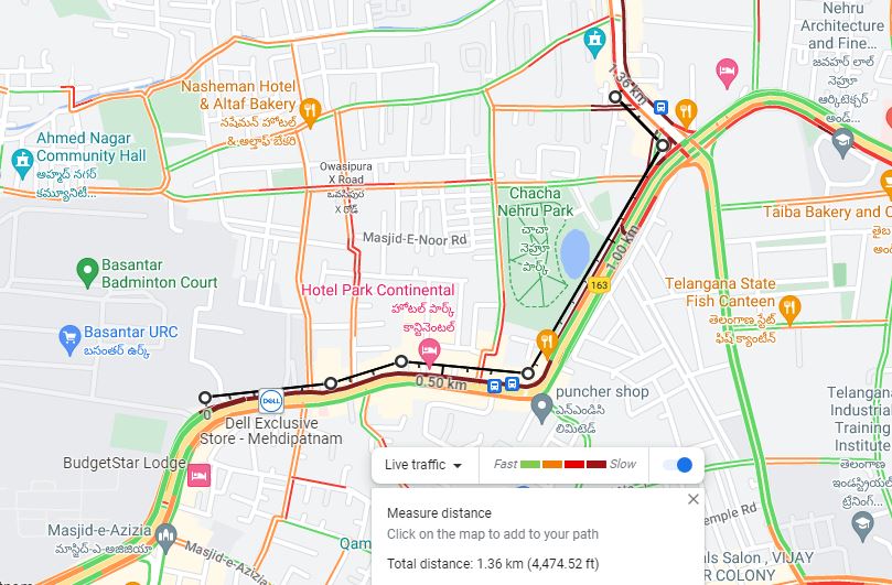 Date: 01-11-23 at 1430 hrs. Due to heavy flow of traffic and peak hours, movement of vehicles is slow from SD eye Hospital, NMDC, Chacha Nehru Park, Masab Tank towards road No.12, Asif nagar Traffic police are available and regulating traffic.