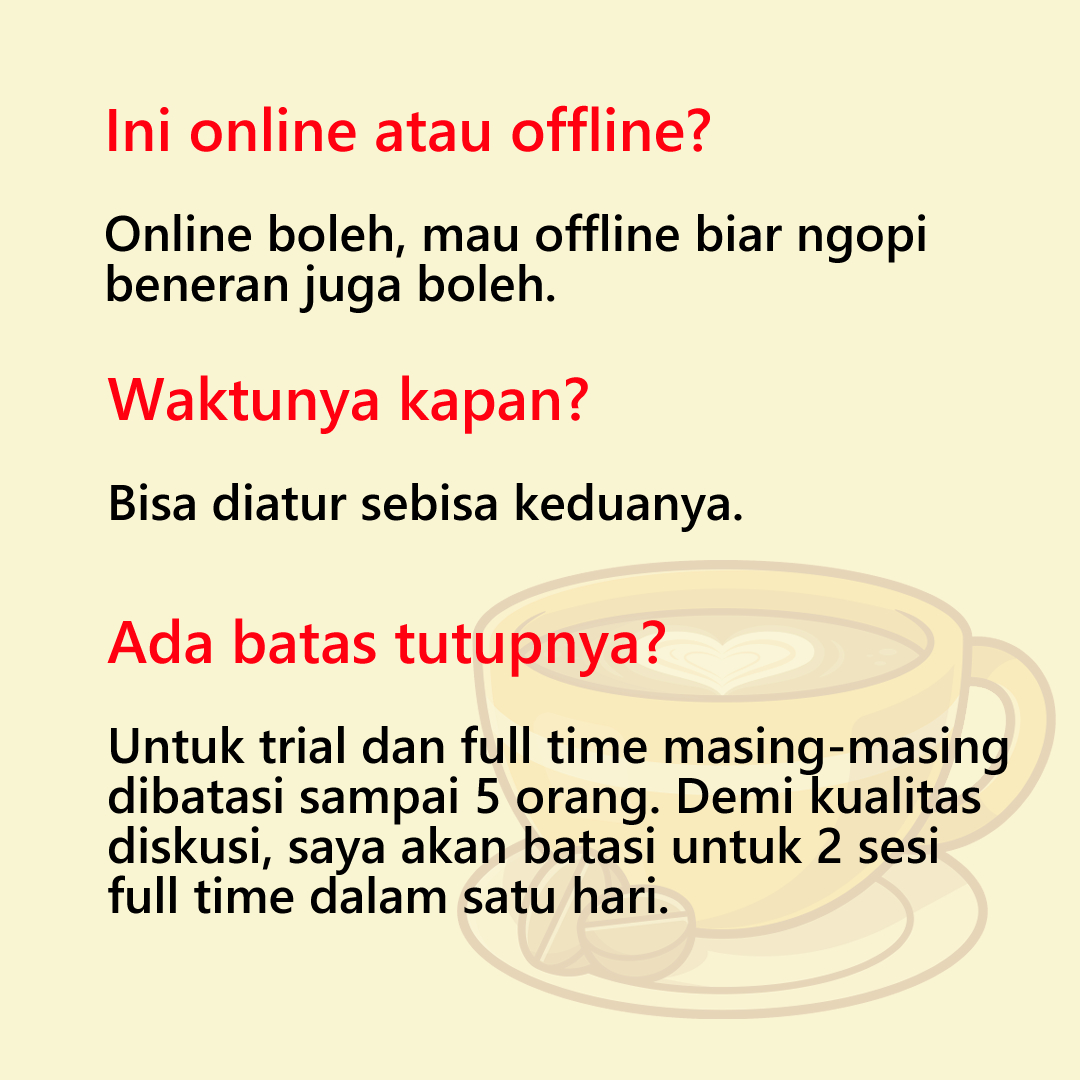 Halo semuanya, saya buka #CeritaSecangkir lagi untuk bulan November! Pendaftaran akan ditutup kalau sudah sampai 5 Trial dan 5 Full.  Cek detail dan link pendaftaran di bit.ly/ceritasecangki… ya!
