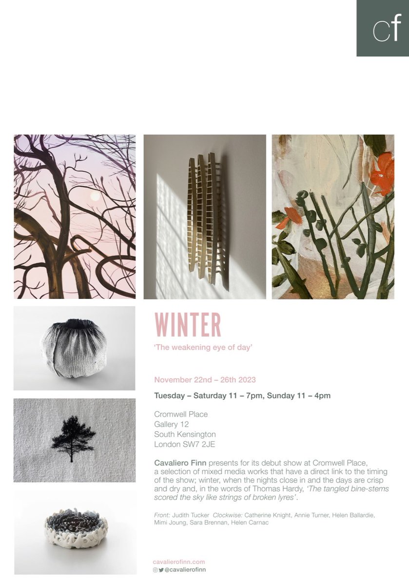 For our debut show as members of <a href="/CromwellPlaceUK/">Cromwell Place</a> we present mixed media works that have a direct link to the timing of the show.  ‘Winter - The weakening eye of day’ is a group show featuring artists who seek to evoke the essence of winter in different ways.