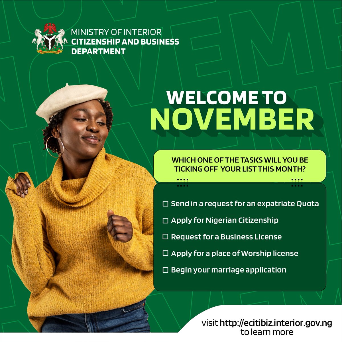 ecitibizng's tweet photo. New month, New you!

What would you like to be different about you by the end of November? Visit our website today and start the journey to a New you.

#citizenshipandbusiness #DontAssumeConfirm #ecitibiz #Nigeria https://t.co/p1cW7P2tYP