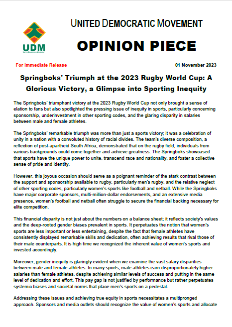 UDmRevolution's tweet photo. Springboks' Triumph at the 2023 Rugby World Cup: A Glorious Victory, a Glimpse into Sporting Inequity, UDM Secretary General, Yongama Zigebe
@yongs_levertte #RWC2023 https://t.co/FLbwhdwGWJ