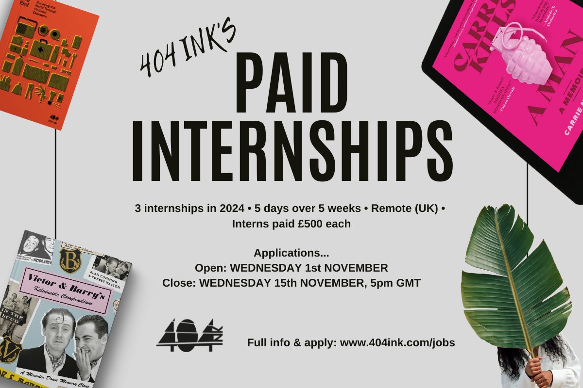 The 404 In(k)ternships are now OPEN for applications until Wednesday 15th Nov! We're looking to take on 3 interns in 2024. Each will have 5 days with us over 5 weeks, remote (based in the UK), and paid £500 each. Full info & apply: 404ink.com/jobs