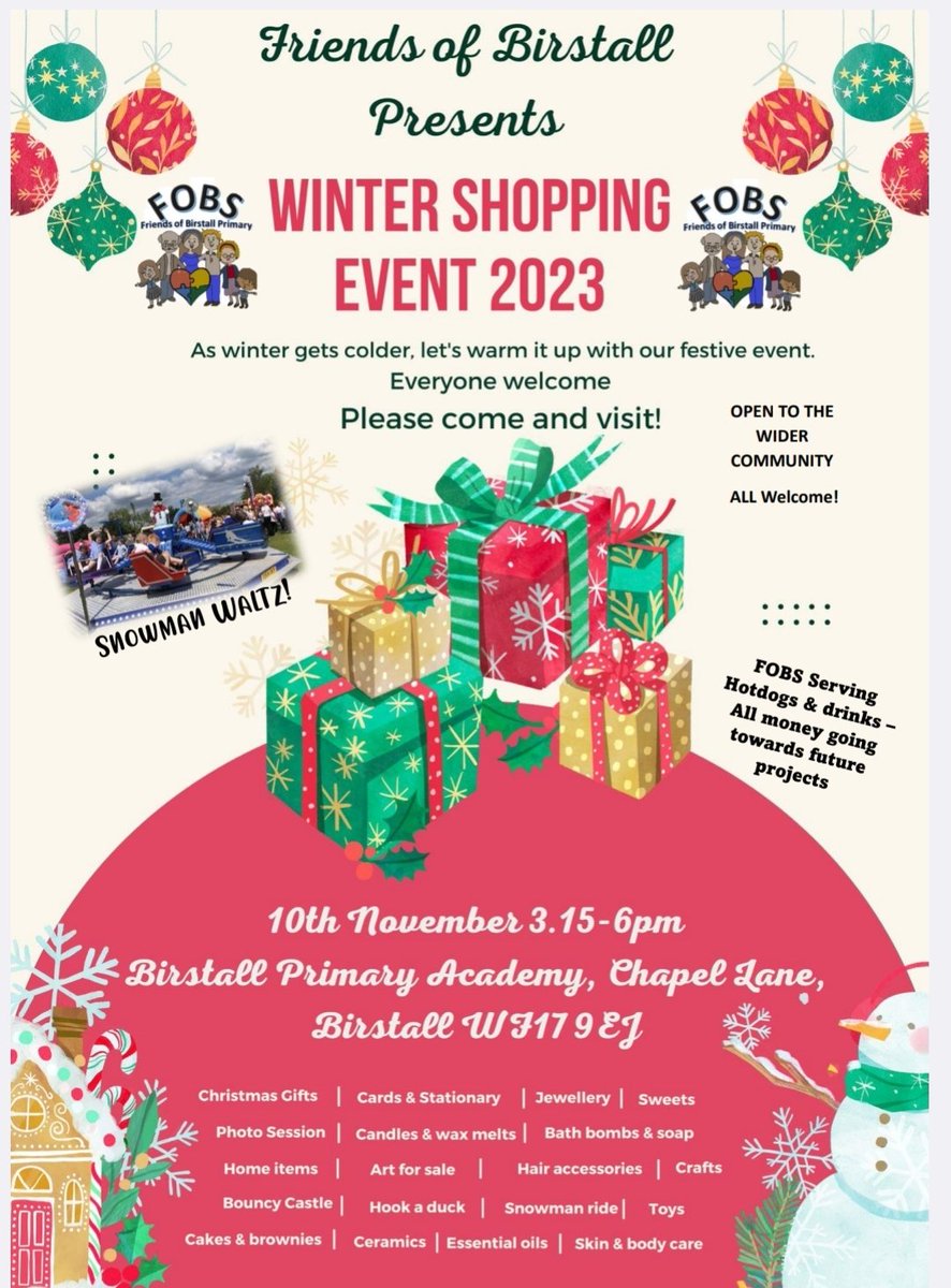 FriendsofBPA's tweet photo. Not long to go! Open to the puplic • Free Entry • Friday 10th November •  Starts at 3.15pm • Lots of lovely things to purchase for yourself and Christmas.
Bring cash! @BirstallAcad https://t.co/fgKeeve56f