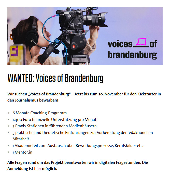 Du hast keine reichen Eltern, kein Vitam B bei tollen Medien, bist Brandenburger:in und hast Lust, Journalist:in zu werden? 

Bewirb Dich jetzt beim ersten Coaching "Voices of Brandenburg". Für mehr Ossis und mehr Vielfalt im Journalismus: mabb.de/vobb