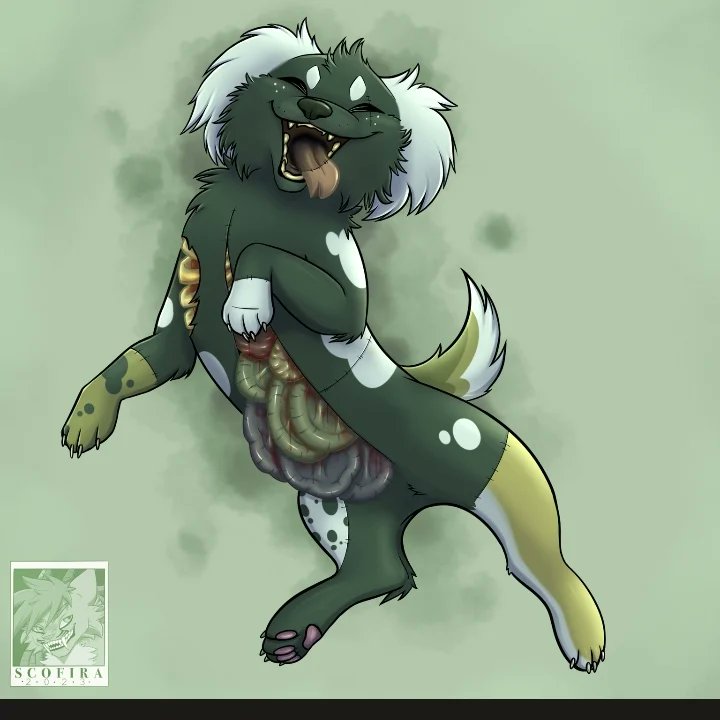 fluffy_scorpio's tweet photo. 🎃🐶🎃
Happy Zombie Pup I made for Halloween ~ He's begging for belly rubs and is confused that everyone runs away when he lays on his back
#Halloween #art #furryartist #gore https://t.co/crMLjFNDzL