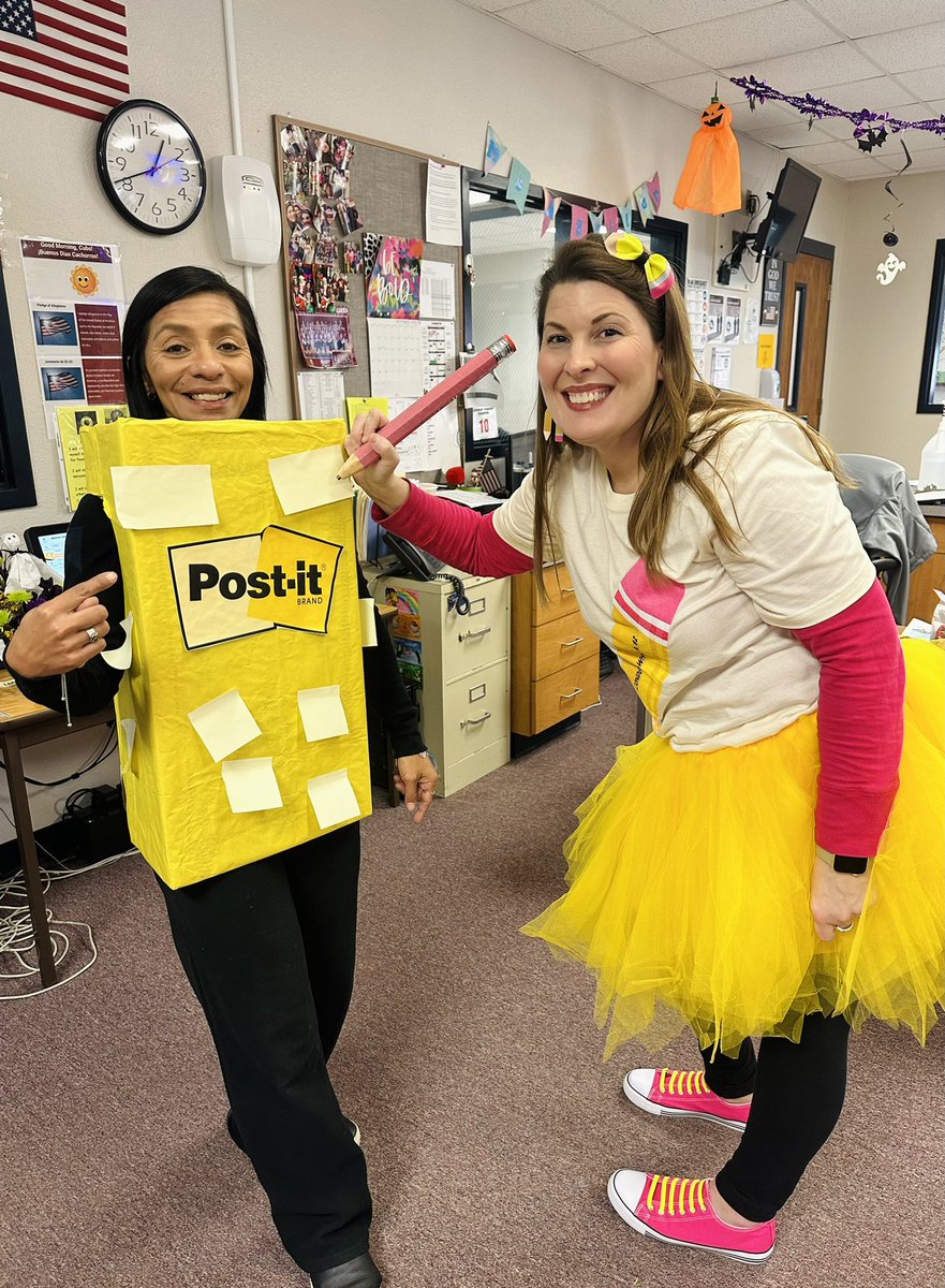 LauraBrast's tweet image. Happy Halloween from the front office Carver crew! 🖤👻🎃💀🧡 #Halloween2023 #schoolsupplies #postitnotes #playdoh #pencil #purplecrayon #glue @Carver_Cubs @LockhartISD